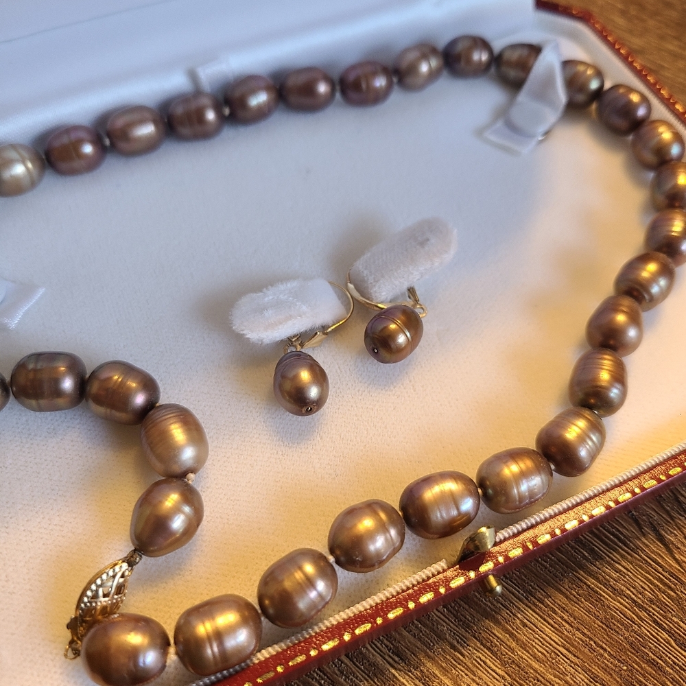 Brown pearl earrings and necklace set